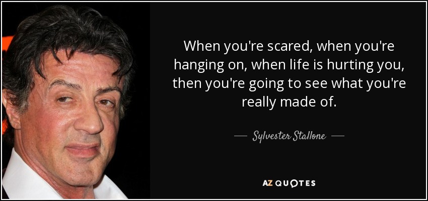 When you're scared, when you're hanging on, when life is hurting you, then you're going to see what you're really made of. - Sylvester Stallone