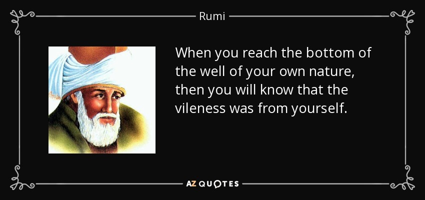When you reach the bottom of the well of your own nature, then you will know that the vileness was from yourself. - Rumi
