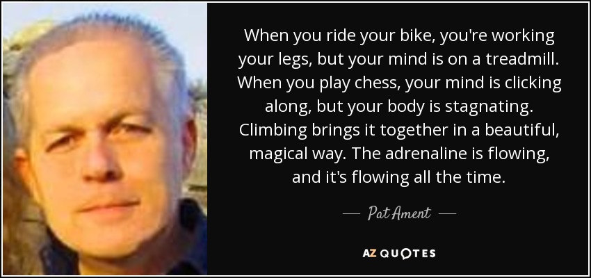 When you ride your bike, you're working your legs, but your mind is on a treadmill. When you play chess, your mind is clicking along, but your body is stagnating. Climbing brings it together in a beautiful, magical way. The adrenaline is flowing, and it's flowing all the time. - Pat Ament