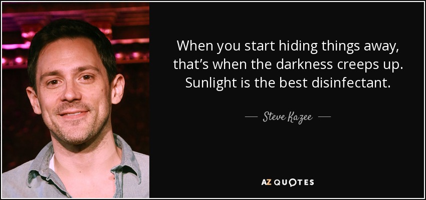 When you start hiding things away, that’s when the darkness creeps up. Sunlight is the best disinfectant. - Steve Kazee
