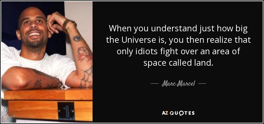 When you understand just how big the Universe is, you then realize that only idiots fight over an area of space called land. - Marc Marcel