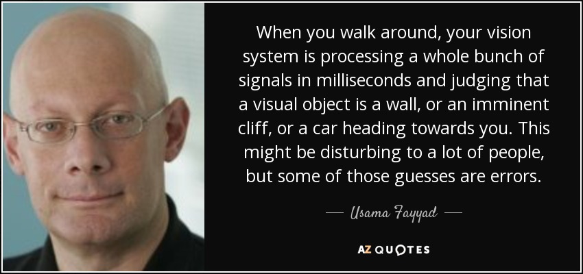 When you walk around, your vision system is processing a whole bunch of signals in milliseconds and judging that a visual object is a wall, or an imminent cliff, or a car heading towards you. This might be disturbing to a lot of people, but some of those guesses are errors. - Usama Fayyad