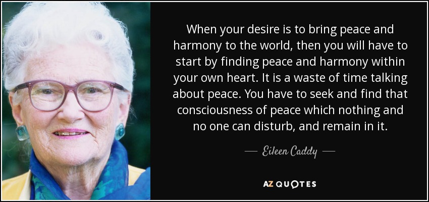 When your desire is to bring peace and harmony to the world, then you will have to start by finding peace and harmony within your own heart. It is a waste of time talking about peace. You have to seek and find that consciousness of peace which nothing and no one can disturb, and remain in it. - Eileen Caddy