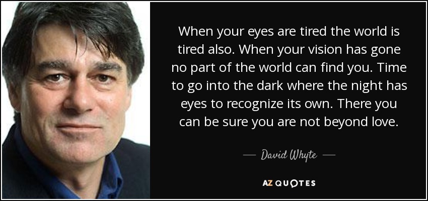 When your eyes are tired the world is tired also. When your vision has gone no part of the world can find you. Time to go into the dark where the night has eyes to recognize its own. There you can be sure you are not beyond love. - David Whyte