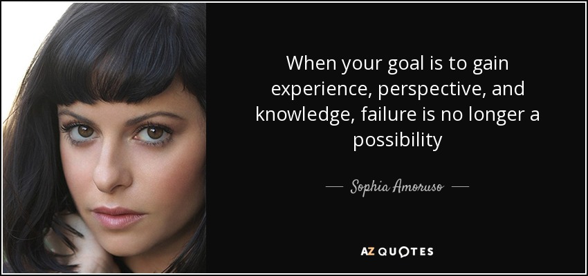 When your goal is to gain experience, perspective, and knowledge, failure is no longer a possibility - Sophia Amoruso