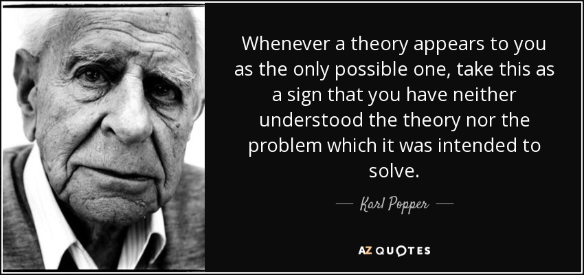 Whenever a theory appears to you as the only possible one, take this as a sign that you have neither understood the theory nor the problem which it was intended to solve. - Karl Popper