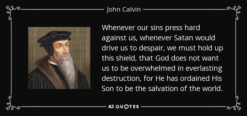 Whenever our sins press hard against us, whenever Satan would drive us to despair, we must hold up this shield, that God does not want us to be overwhelmed in everlasting destruction, for He has ordained His Son to be the salvation of the world. - John Calvin