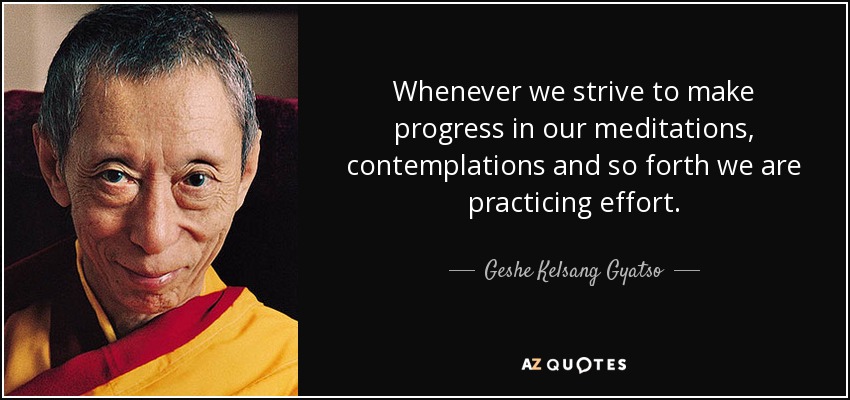 Whenever we strive to make progress in our meditations, contemplations and so forth we are practicing effort. - Geshe Kelsang Gyatso