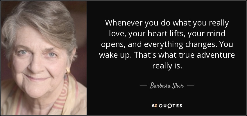 Whenever you do what you really love, your heart lifts, your mind opens, and everything changes. You wake up. That's what true adventure really is. - Barbara Sher