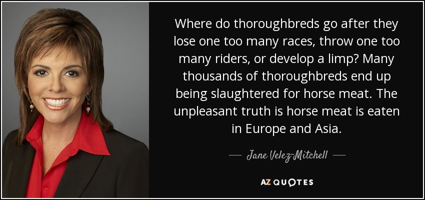 Where do thoroughbreds go after they lose one too many races, throw one too many riders, or develop a limp? Many thousands of thoroughbreds end up being slaughtered for horse meat. The unpleasant truth is horse meat is eaten in Europe and Asia. - Jane Velez-Mitchell