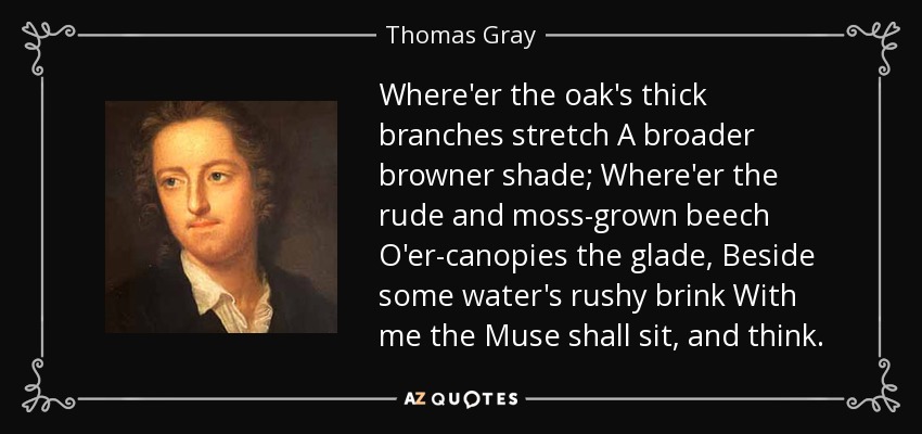 Where'er the oak's thick branches stretch A broader browner shade; Where'er the rude and moss-grown beech O'er-canopies the glade, Beside some water's rushy brink With me the Muse shall sit, and think. - Thomas Gray