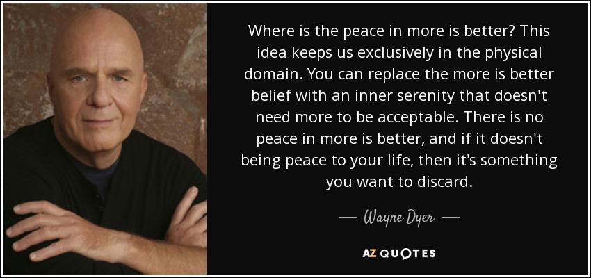 Where is the peace in more is better? This idea keeps us exclusively in the physical domain. You can replace the more is better belief with an inner serenity that doesn't need more to be acceptable. There is no peace in more is better, and if it doesn't being peace to your life, then it's something you want to discard. - Wayne Dyer