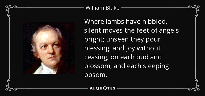 Where lambs have nibbled, silent moves the feet of angels bright; unseen they pour blessing, and joy without ceasing, on each bud and blossom, and each sleeping bosom. - William Blake