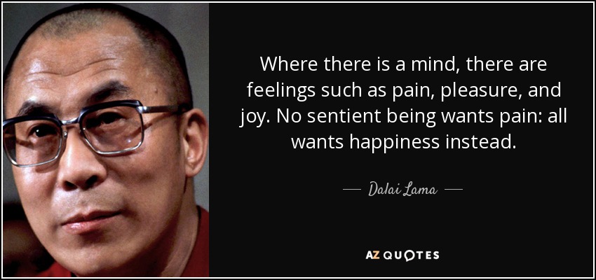 Where there is a mind, there are feelings such as pain, pleasure, and joy. No sentient being wants pain: all wants happiness instead. - Dalai Lama