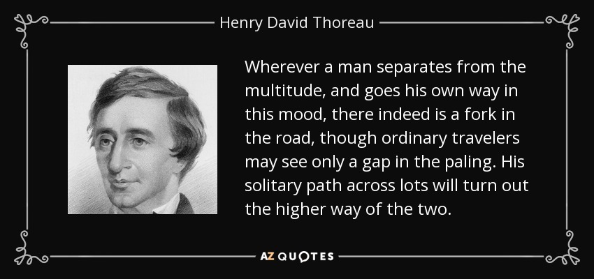 Wherever a man separates from the multitude, and goes his own way in this mood, there indeed is a fork in the road, though ordinary travelers may see only a gap in the paling. His solitary path across lots will turn out the higher way of the two. - Henry David Thoreau