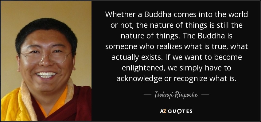 Whether a Buddha comes into the world or not, the nature of things is still the nature of things. The Buddha is someone who realizes what is true, what actually exists. If we want to become enlightened, we simply have to acknowledge or recognize what is. - Tsoknyi Rinpoche