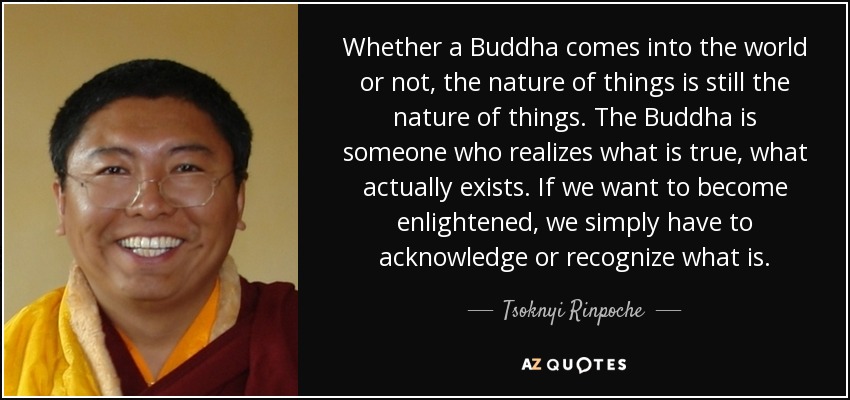 Whether a Buddha comes into the world or not, the nature of things is still the nature of things. The Buddha is someone who realizes what is true, what actually exists. If we want to become enlightened, we simply have to acknowledge or recognize what is. - Tsoknyi Rinpoche