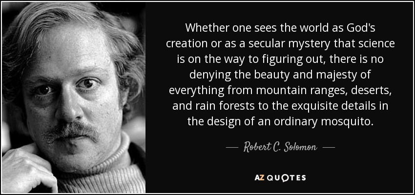 Whether one sees the world as God's creation or as a secular mystery that science is on the way to figuring out, there is no denying the beauty and majesty of everything from mountain ranges, deserts, and rain forests to the exquisite details in the design of an ordinary mosquito. - Robert C. Solomon