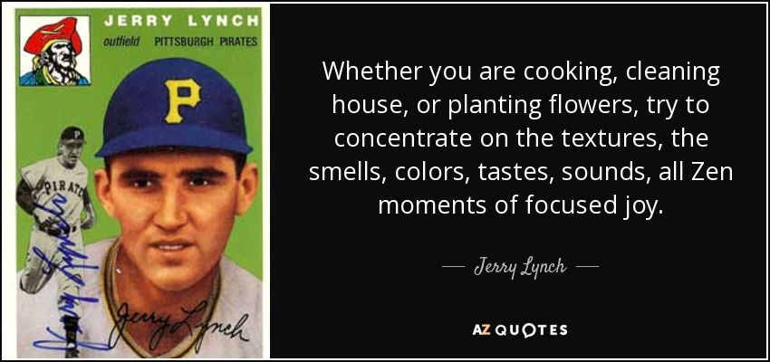 Whether you are cooking, cleaning house, or planting flowers, try to concentrate on the textures, the smells, colors, tastes, sounds, all Zen moments of focused joy. - Jerry Lynch
