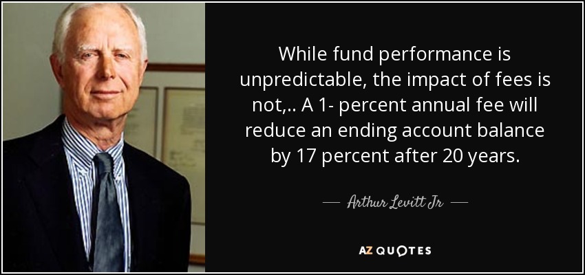 While fund performance is unpredictable, the impact of fees is not, .. A 1- percent annual fee will reduce an ending account balance by 17 percent after 20 years. - Arthur Levitt Jr