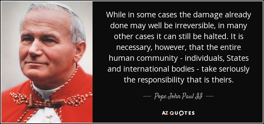 While in some cases the damage already done may well be irreversible, in many other cases it can still be halted. It is necessary, however, that the entire human community - individuals, States and international bodies - take seriously the responsibility that is theirs. - Pope John Paul II