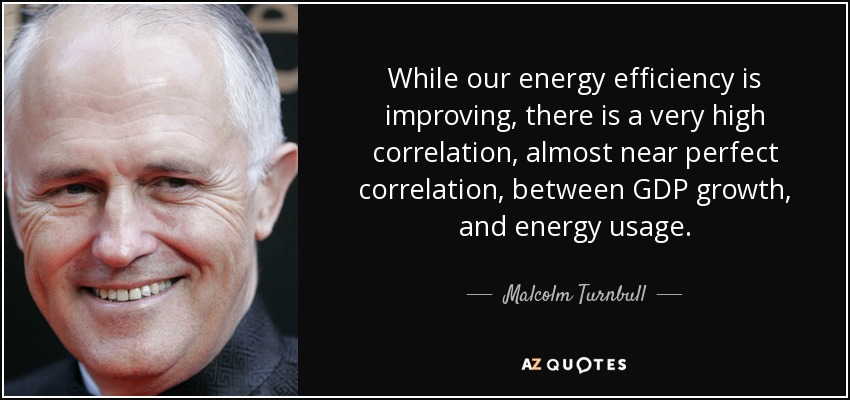 While our energy efficiency is improving, there is a very high correlation, almost near perfect correlation, between GDP growth, and energy usage. - Malcolm Turnbull