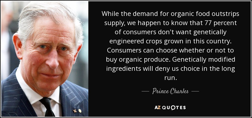 While the demand for organic food outstrips supply, we happen to know that 77 percent of consumers don't want genetically engineered crops grown in this country. Consumers can choose whether or not to buy organic produce. Genetically modified ingredients will deny us choice in the long run. - Prince Charles