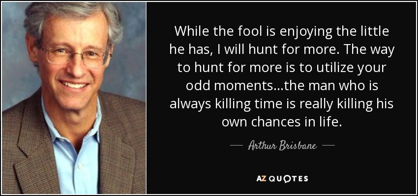 While the fool is enjoying the little he has, I will hunt for more. The way to hunt for more is to utilize your odd moments...the man who is always killing time is really killing his own chances in life. - Arthur Brisbane