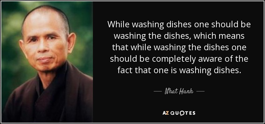 While washing dishes one should be washing the dishes, which means that while washing the dishes one should be completely aware of the fact that one is washing dishes. - Nhat Hanh