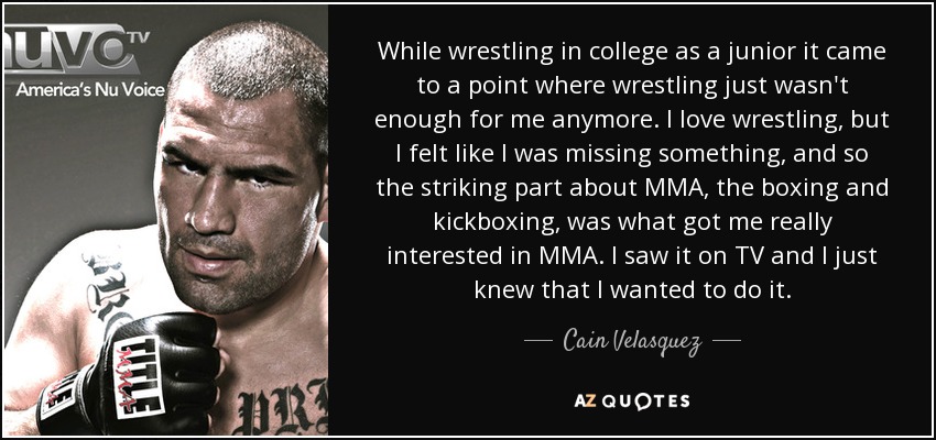 While wrestling in college as a junior it came to a point where wrestling just wasn't enough for me anymore. I love wrestling, but I felt like I was missing something, and so the striking part about MMA, the boxing and kickboxing, was what got me really interested in MMA. I saw it on TV and I just knew that I wanted to do it. - Cain Velasquez