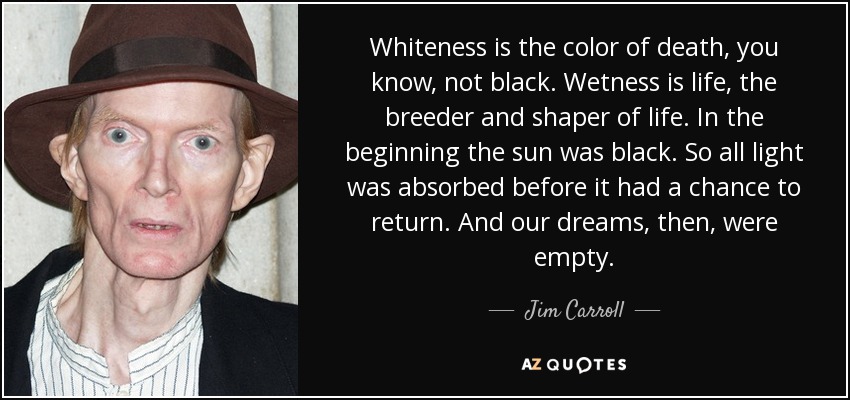 Whiteness is the color of death, you know, not black. Wetness is life, the breeder and shaper of life. In the beginning the sun was black. So all light was absorbed before it had a chance to return. And our dreams, then, were empty. - Jim Carroll