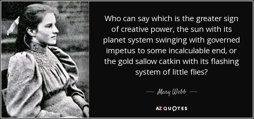 Who can say which is the greater sign of creative power, the sun with its planet system swinging with governed impetus to some incalculable end, or the gold sallow catkin with its flashing system of little flies? - Mary Webb