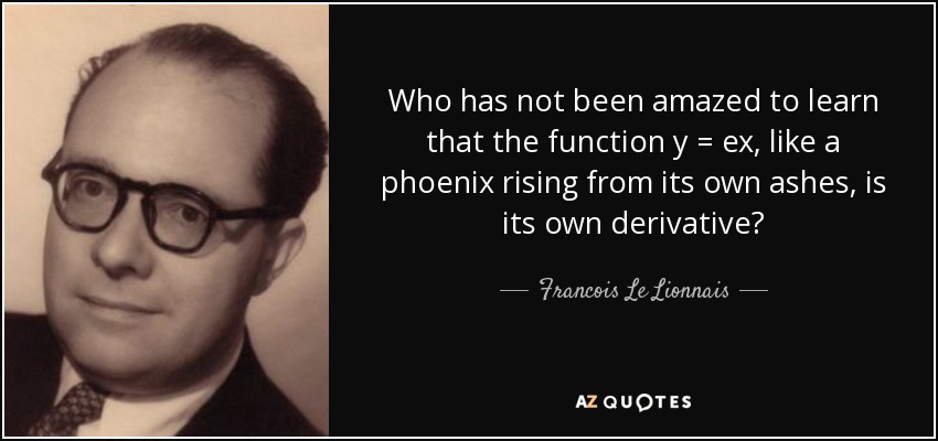 Who has not been amazed to learn that the function y = ex, like a phoenix rising from its own ashes, is its own derivative? - Francois Le Lionnais