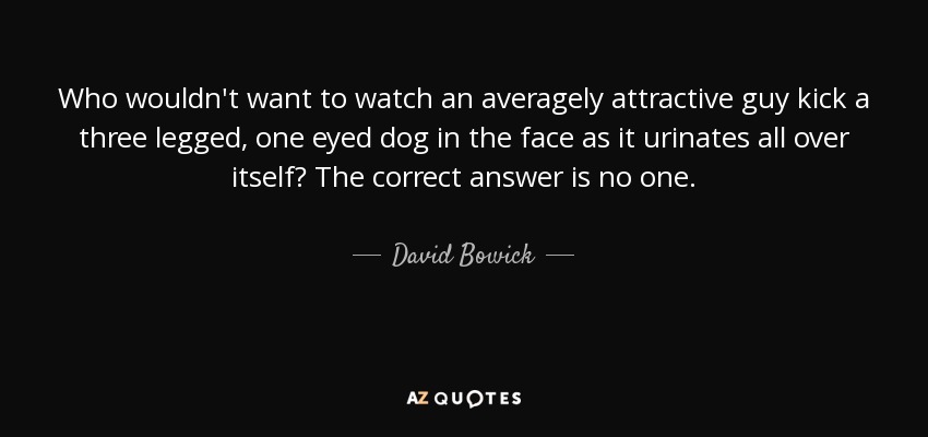 Who wouldn't want to watch an averagely attractive guy kick a three legged, one eyed dog in the face as it urinates all over itself? The correct answer is no one. - David Bowick