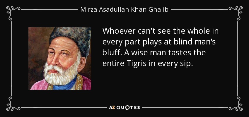 Whoever can't see the whole in every part plays at blind man's bluff. A wise man tastes the entire Tigris in every sip. - Mirza Asadullah Khan Ghalib