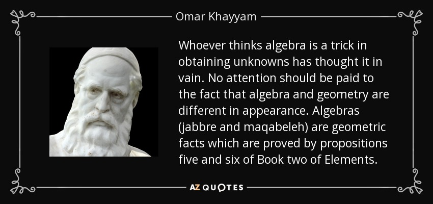 Whoever thinks algebra is a trick in obtaining unknowns has thought it in vain. No attention should be paid to the fact that algebra and geometry are different in appearance. Algebras (jabbre and maqabeleh) are geometric facts which are proved by propositions five and six of Book two of Elements. - Omar Khayyam