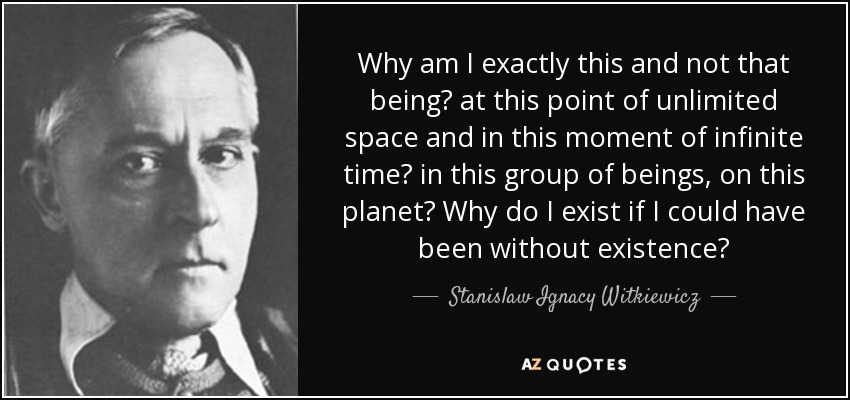 Why am I exactly this and not that being? at this point of unlimited space and in this moment of infinite time? in this group of beings, on this planet? Why do I exist if I could have been without existence? - Stanislaw Ignacy Witkiewicz