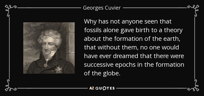Why has not anyone seen that fossils alone gave birth to a theory about the formation of the earth, that without them, no one would have ever dreamed that there were successive epochs in the formation of the globe. - Georges Cuvier