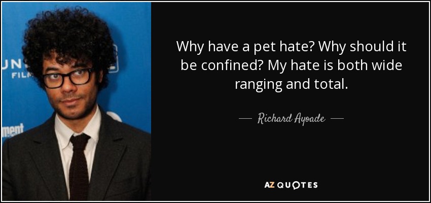 Why have a pet hate? Why should it be confined? My hate is both wide ranging and total. - Richard Ayoade