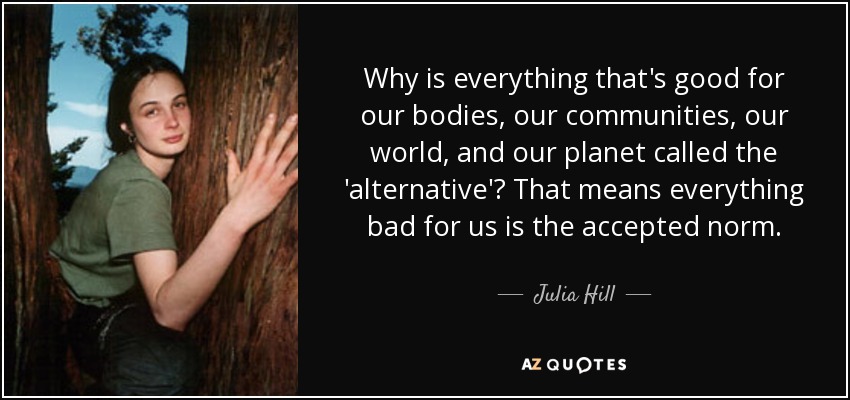 Why is everything that's good for our bodies, our communities, our world, and our planet called the 'alternative'? That means everything bad for us is the accepted norm. - Julia Hill