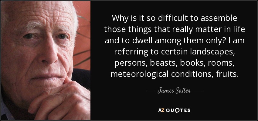 Why is it so difficult to assemble those things that really matter in life and to dwell among them only? I am referring to certain landscapes, persons, beasts, books, rooms, meteorological conditions, fruits. - James Salter