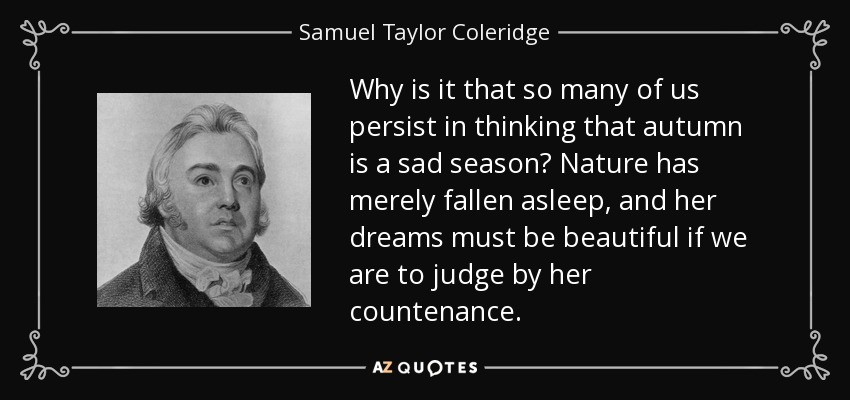 Why is it that so many of us persist in thinking that autumn is a sad season? Nature has merely fallen asleep, and her dreams must be beautiful if we are to judge by her countenance. - Samuel Taylor Coleridge