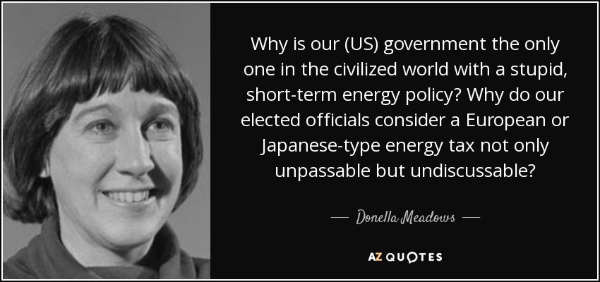 Why is our (US) government the only one in the civilized world with a stupid, short-term energy policy? Why do our elected officials consider a European or Japanese-type energy tax not only unpassable but undiscussable? - Donella Meadows