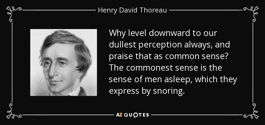 Why level downward to our dullest perception always, and praise that as common sense? The commonest sense is the sense of men asleep, which they express by snoring. - Henry David Thoreau