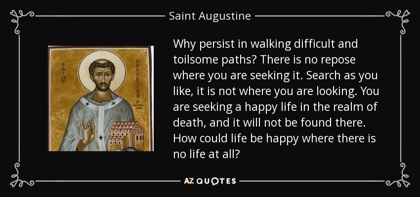Why persist in walking difficult and toilsome paths? There is no repose where you are seeking it. Search as you like, it is not where you are looking. You are seeking a happy life in the realm of death, and it will not be found there. How could life be happy where there is no life at all? - Saint Augustine