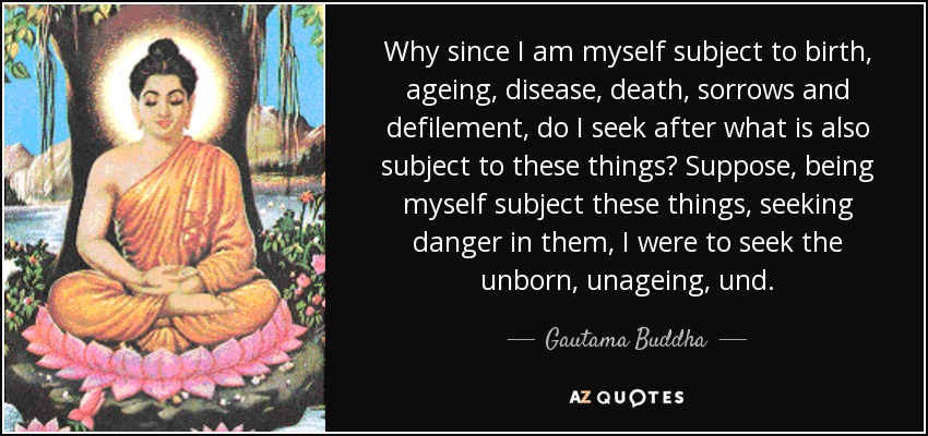 Why since I am myself subject to birth, ageing, disease, death, sorrows and defilement, do I seek after what is also subject to these things? Suppose, being myself subject these things, seeking danger in them, I were to seek the unborn, unageing, und. - Gautama Buddha