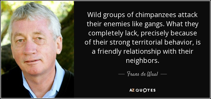 Wild groups of chimpanzees attack their enemies like gangs. What they completely lack, precisely because of their strong territorial behavior, is a friendly relationship with their neighbors. - Frans de Waal