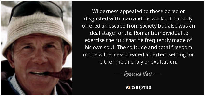 Wilderness appealed to those bored or disgusted with man and his works. It not only offered an escape from society but also was an ideal stage for the Romantic individual to exercise the cult that he frequently made of his own soul. The solitude and total freedom of the wilderness created a perfect setting for either melancholy or exultation. - Roderick Nash