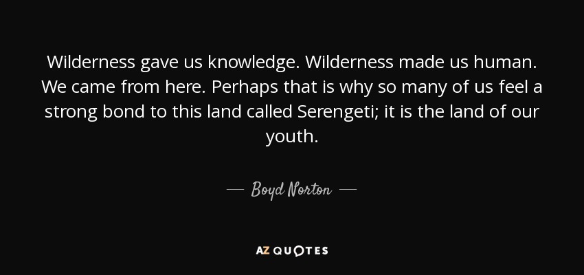 Wilderness gave us knowledge. Wilderness made us human. We came from here. Perhaps that is why so many of us feel a strong bond to this land called Serengeti; it is the land of our youth. - Boyd Norton