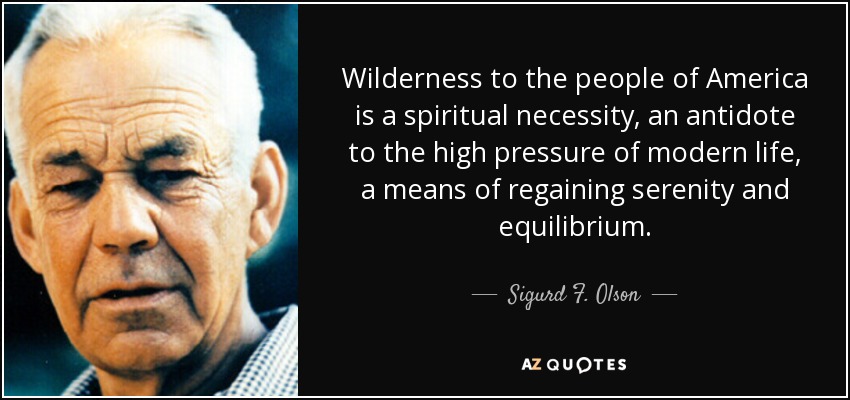 Wilderness to the people of America is a spiritual necessity, an antidote to the high pressure of modern life, a means of regaining serenity and equilibrium. - Sigurd F. Olson